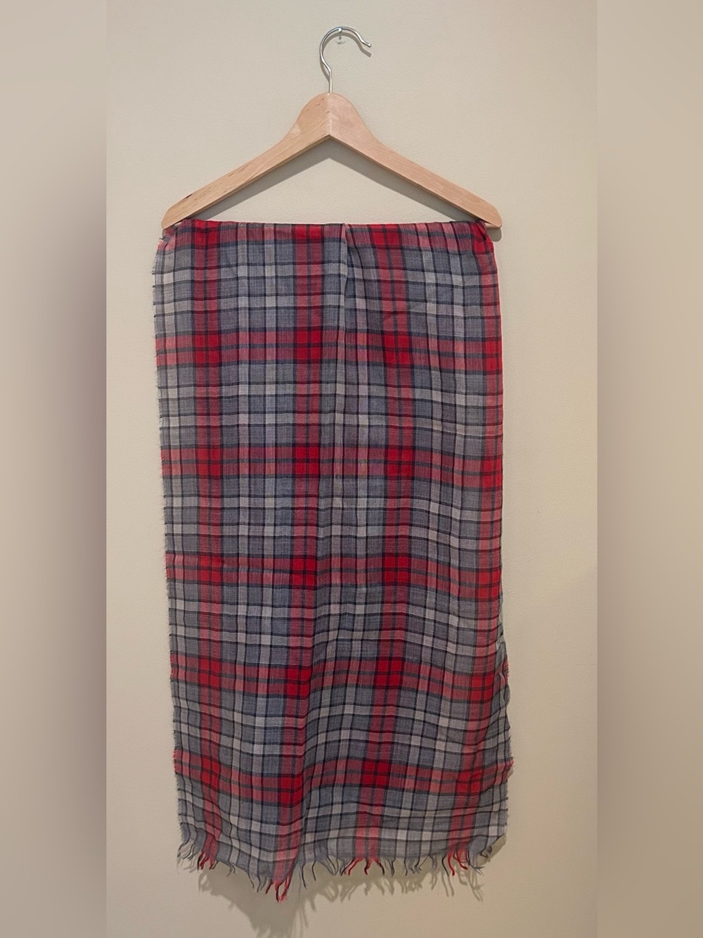 J. Crew Red and Gray Plaid Virgin Wool Blend Scarf Made in Italy One Size
